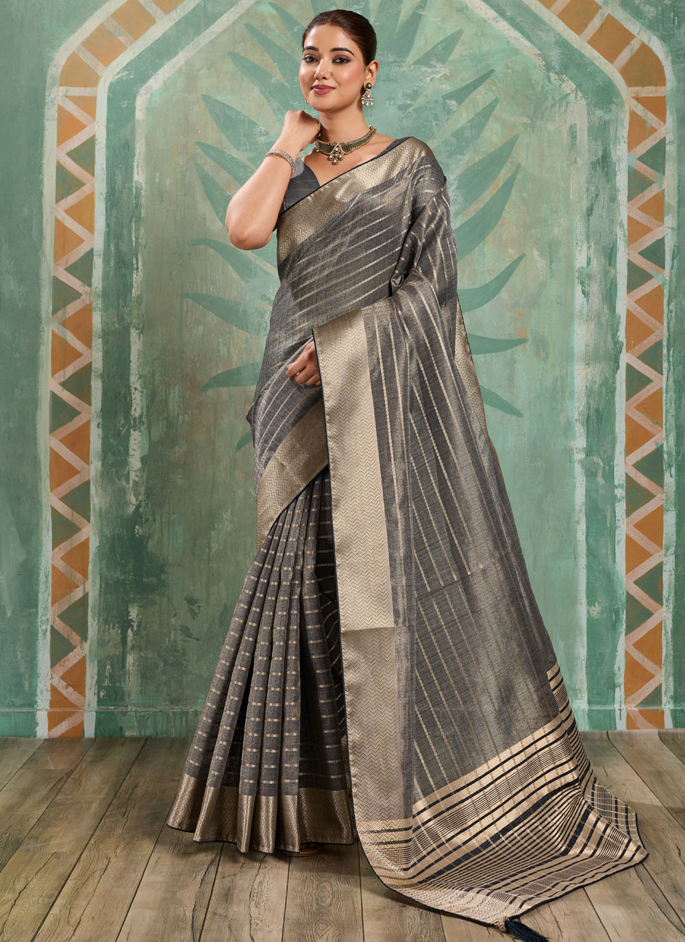 Cotton Tissue Grey Zari Woven Work Classic Saree - Buy Online