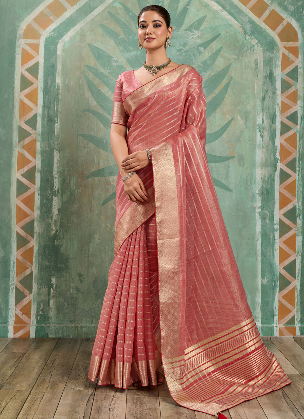 Peach Woven Zari Work Cotton Tissue Contemporary Saree - Buy Online
