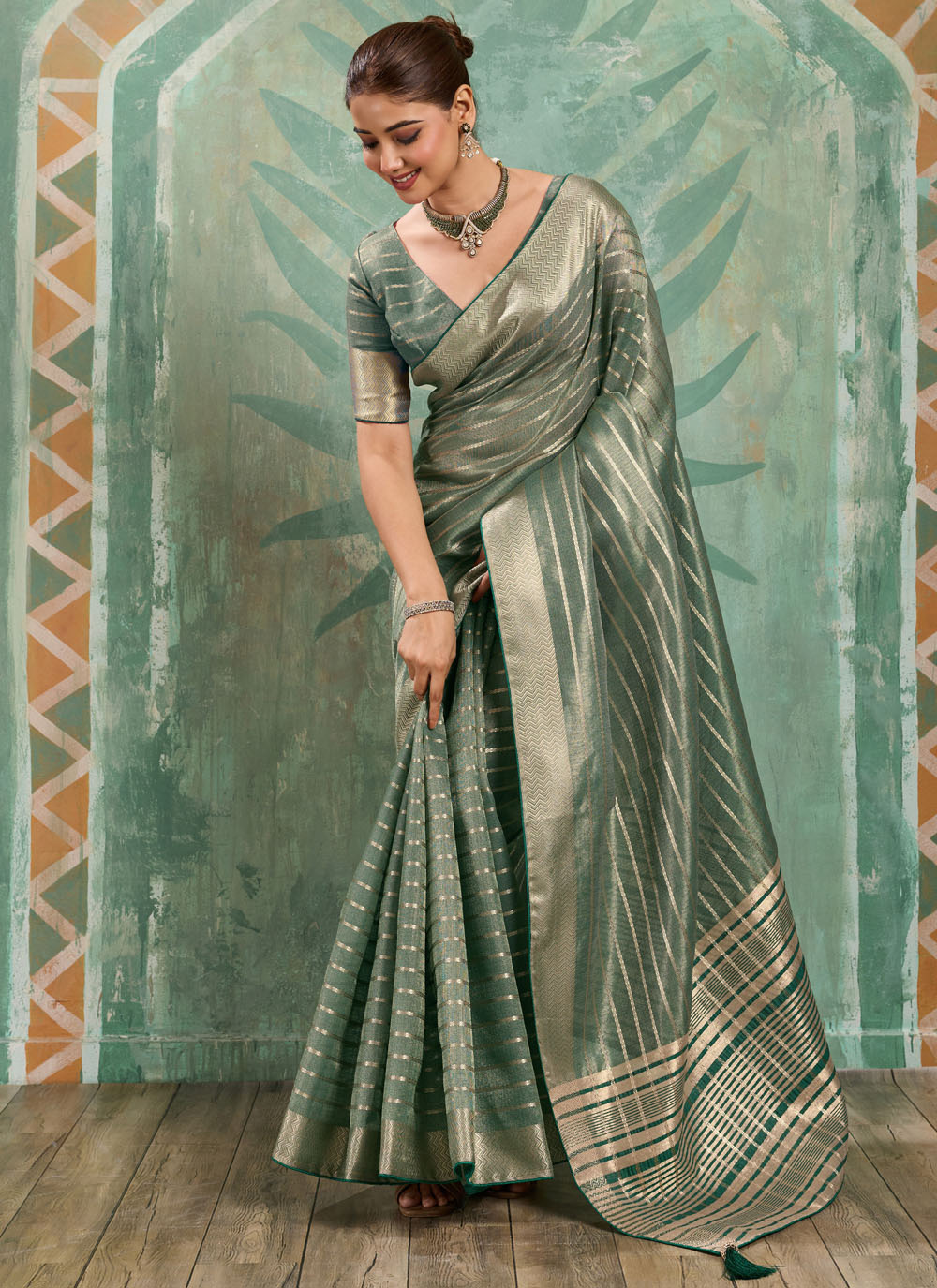 Green Zari Woven Work Tissue Cotton Classic Saree - Buy Online