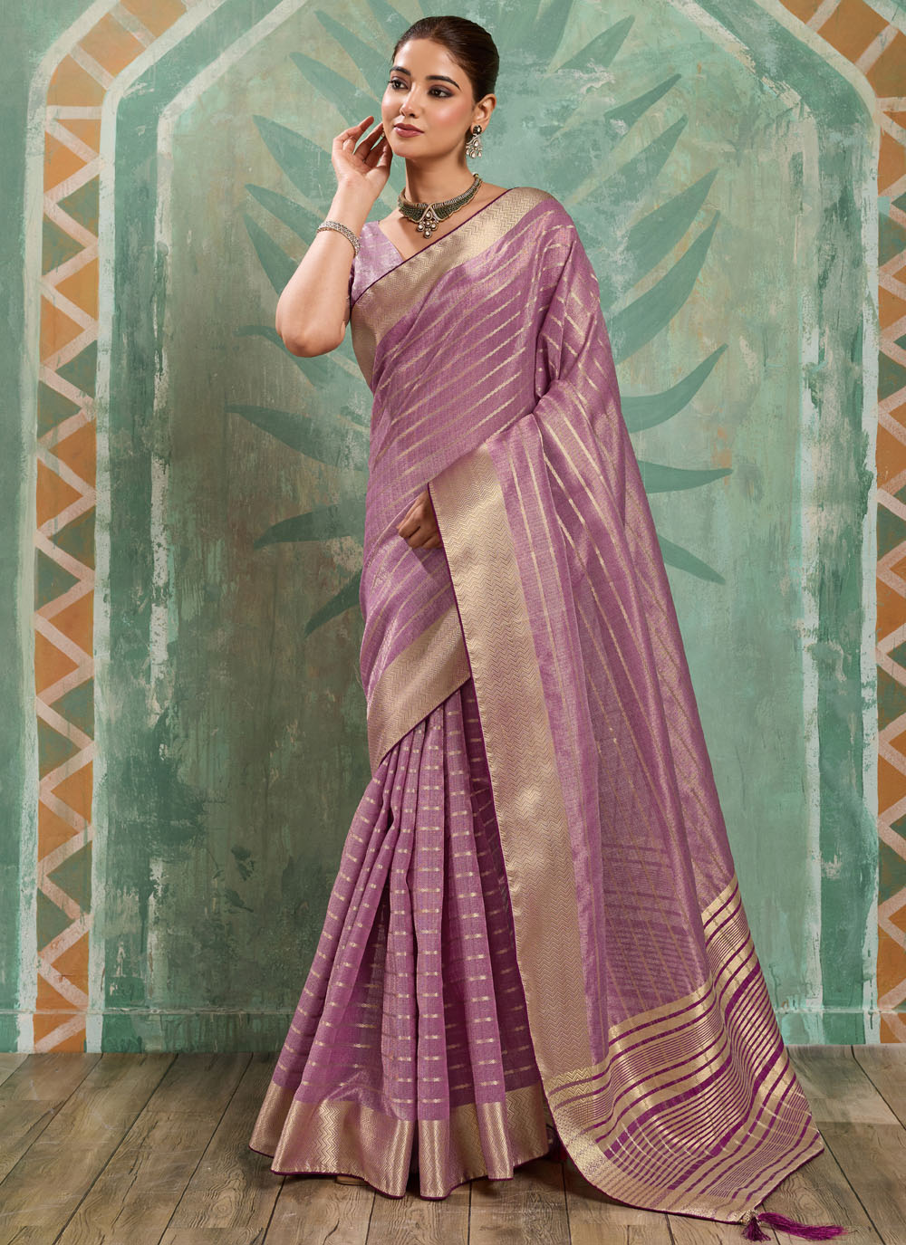 Cotton Tissue Purple Woven Zari Work Trendy Saree - Buy Online