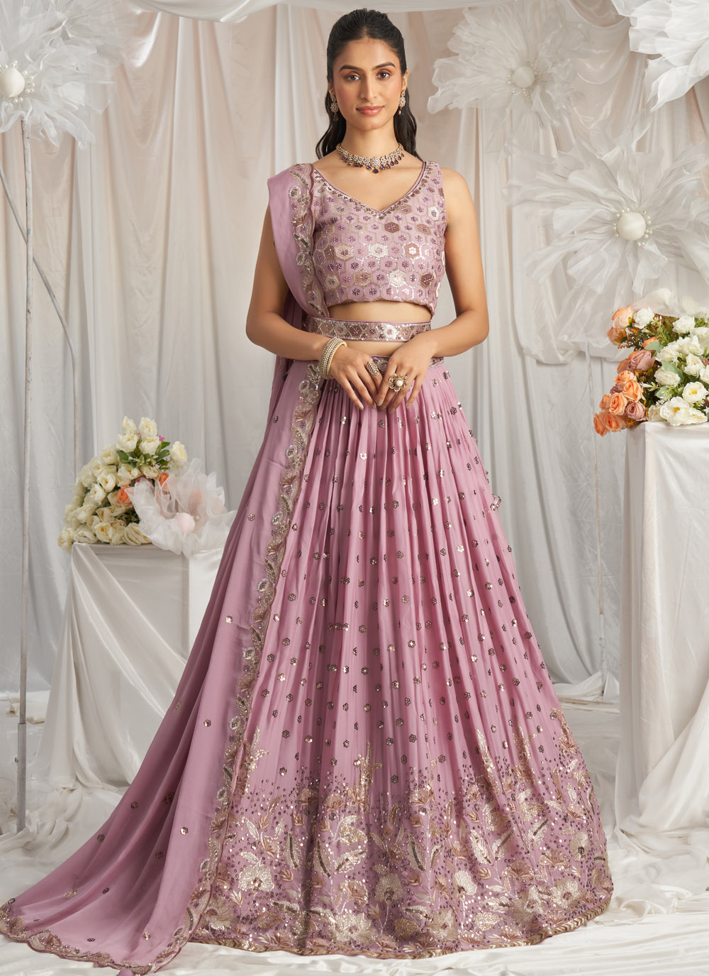 Georgette Lavender Sequins Thread Embroidered Lehenga Choli - Buy Online