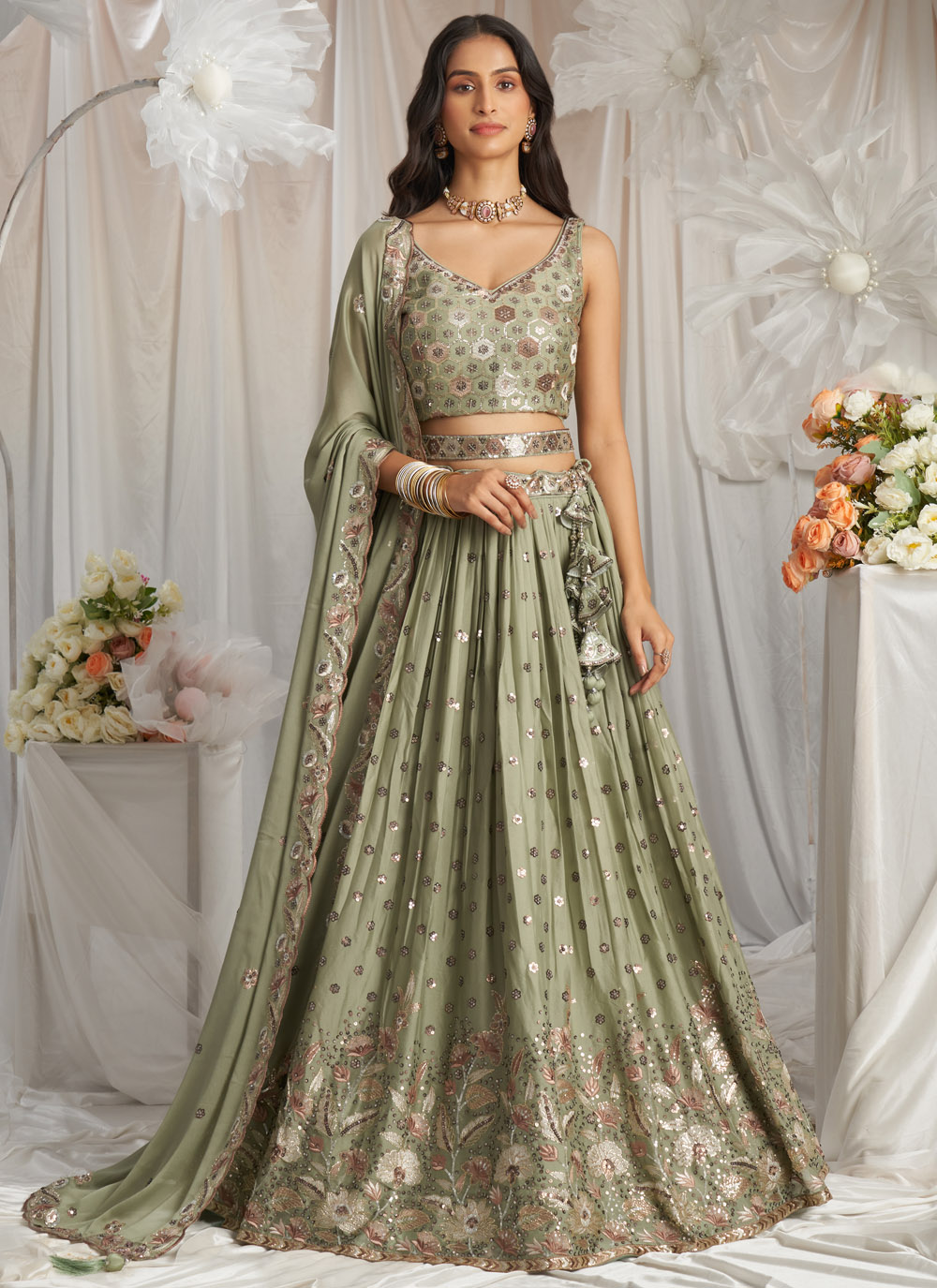Green Georgette Sequins Embroidered Designer Lehenga Choli - Buy Online