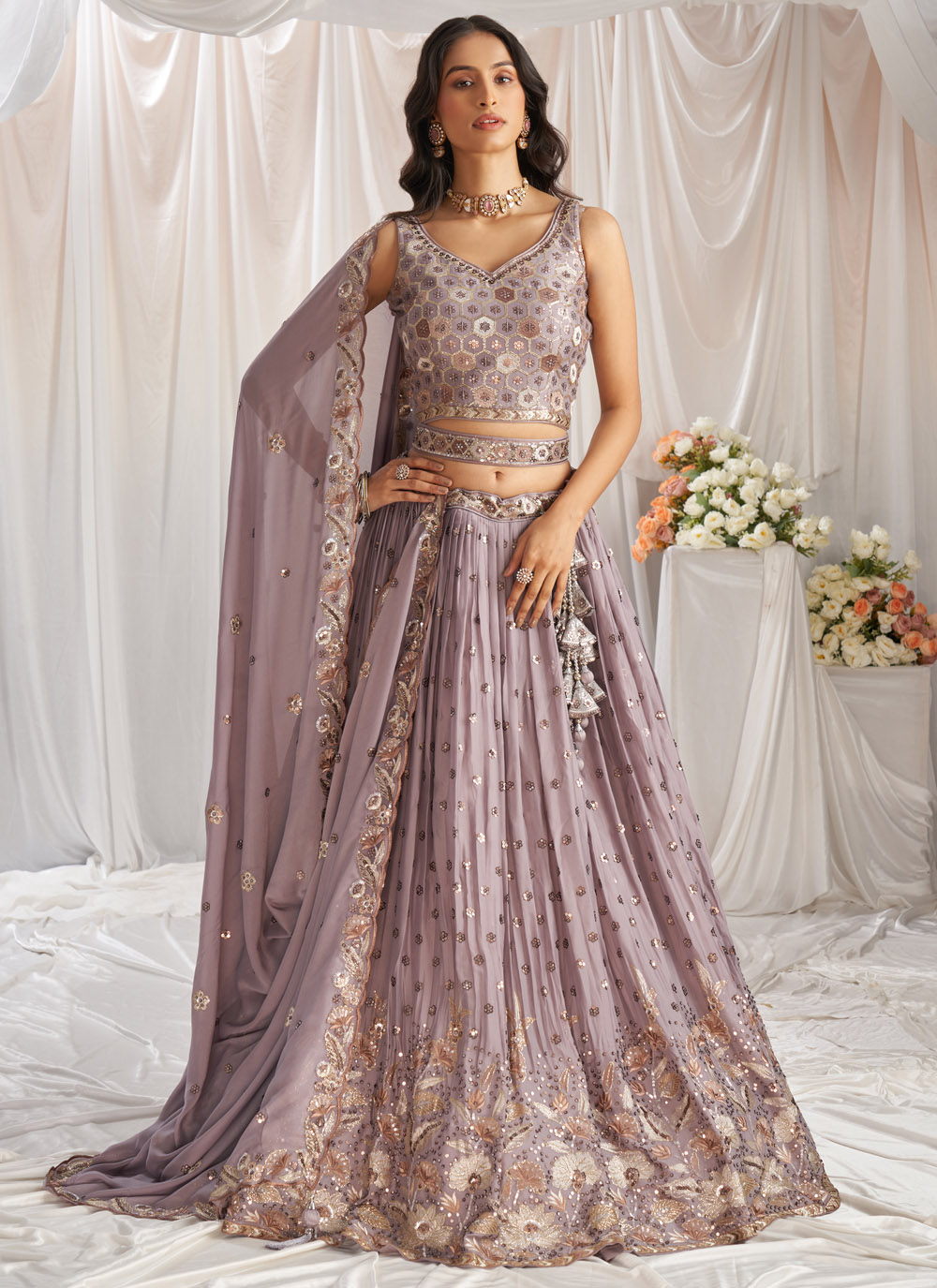 Mauve Sequins Embroidered Georgette Lehenga Choli for Engagement - Buy Online