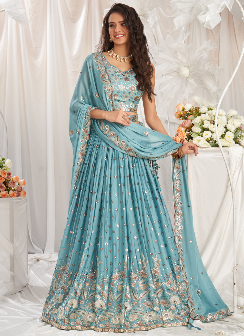 Georgette Turquoise Blue Embroidered Trendy Lehenga Choli - Buy Online