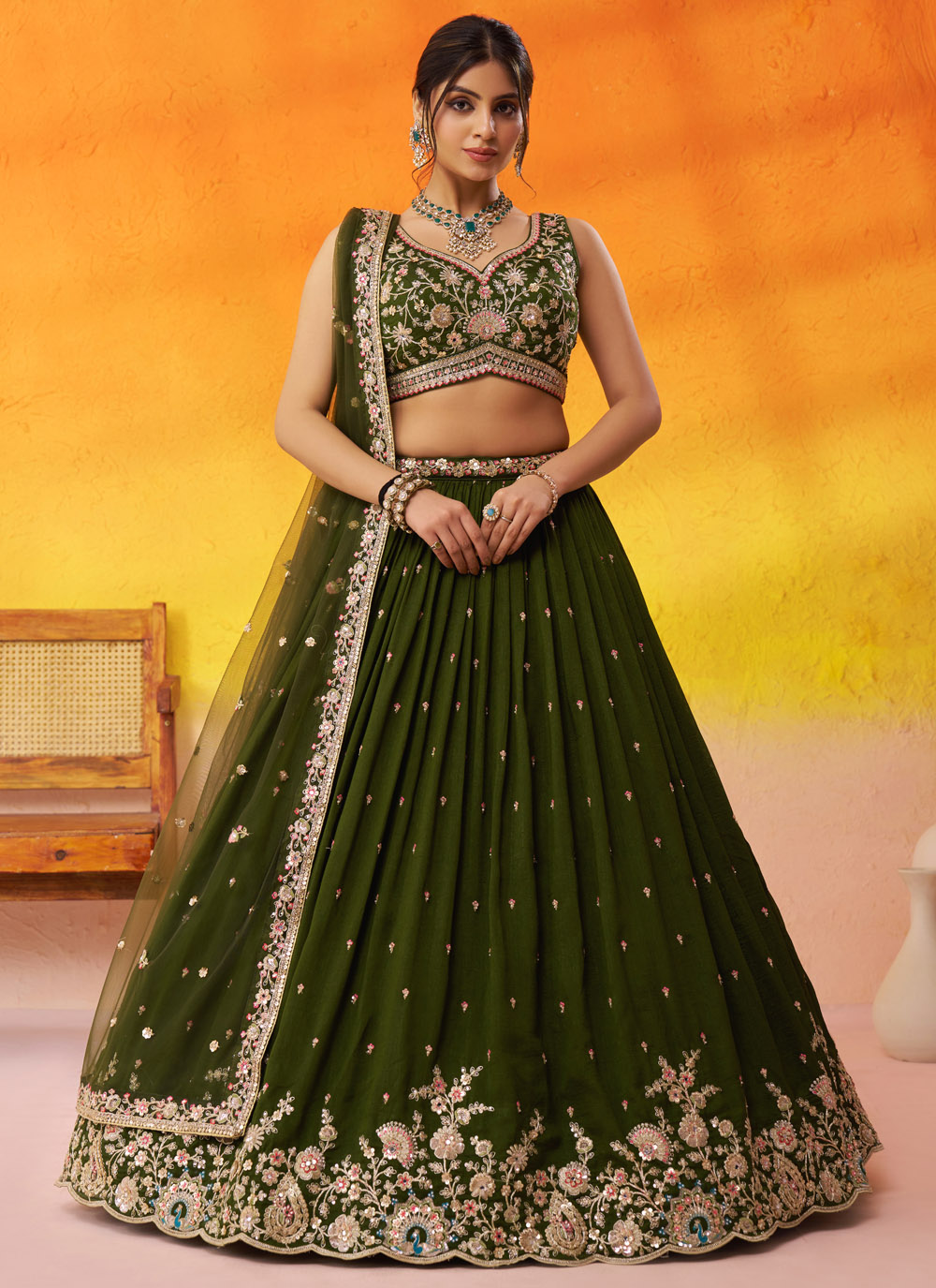 Olive Green Moti Sequins Embroidered Georgette Lehenga Choli - Buy Online