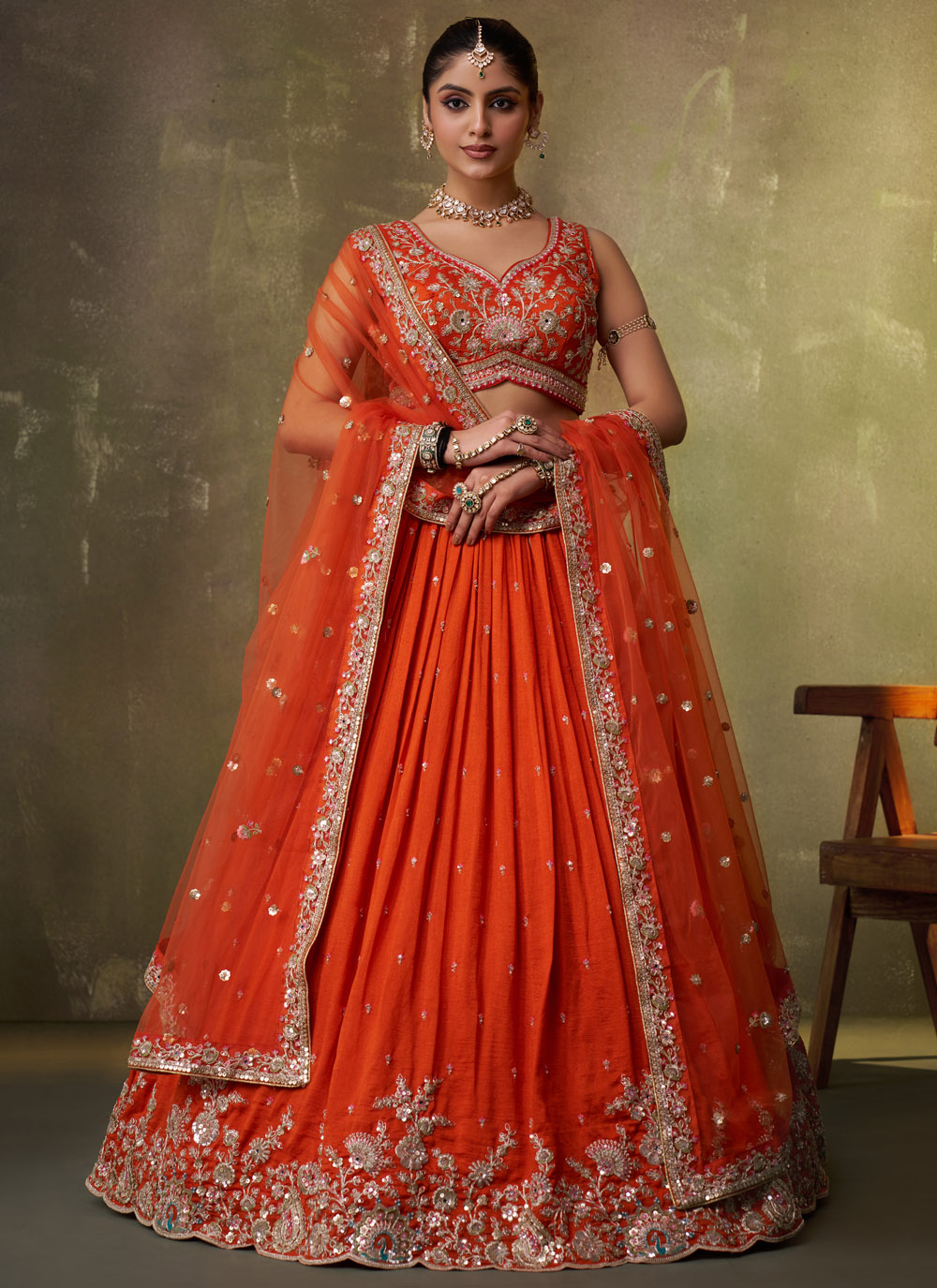 Georgette Orange Sequins Thread Embroidered Wedding Lehenga Choli - Buy Online