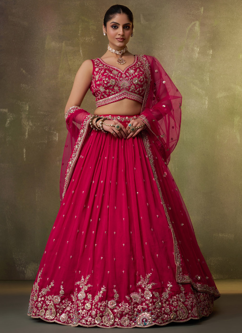 Red Embroidered Sequins Moti Work Georgette Lehenga Choli - Buy Online