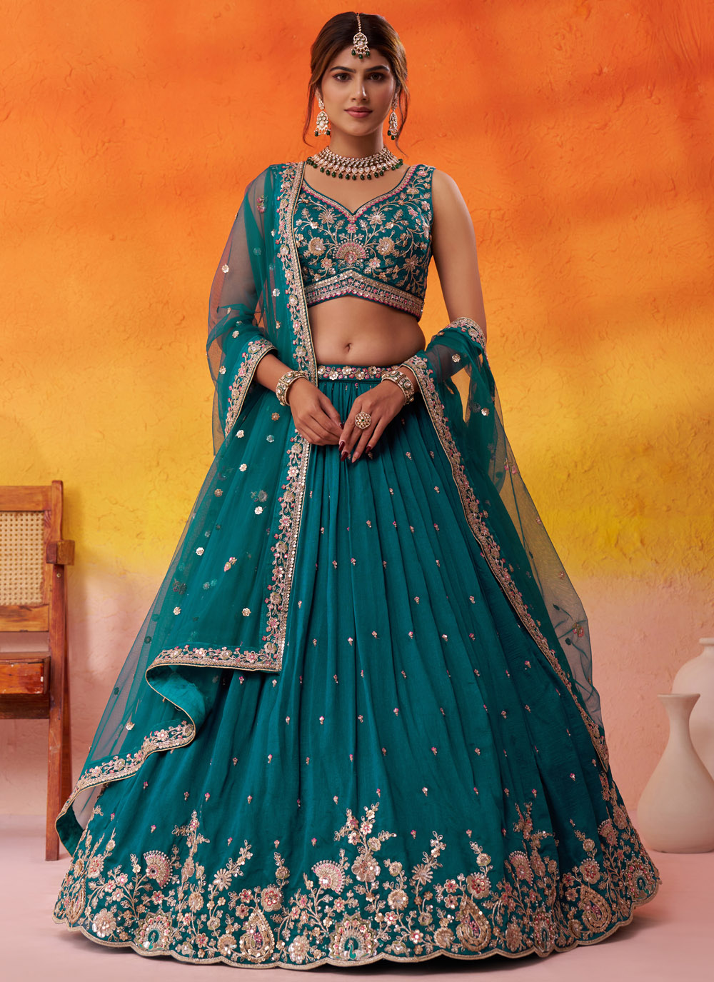 Teal Georgette Thread Sequins Embroidered Trendy Lehenga Choli - Buy Online