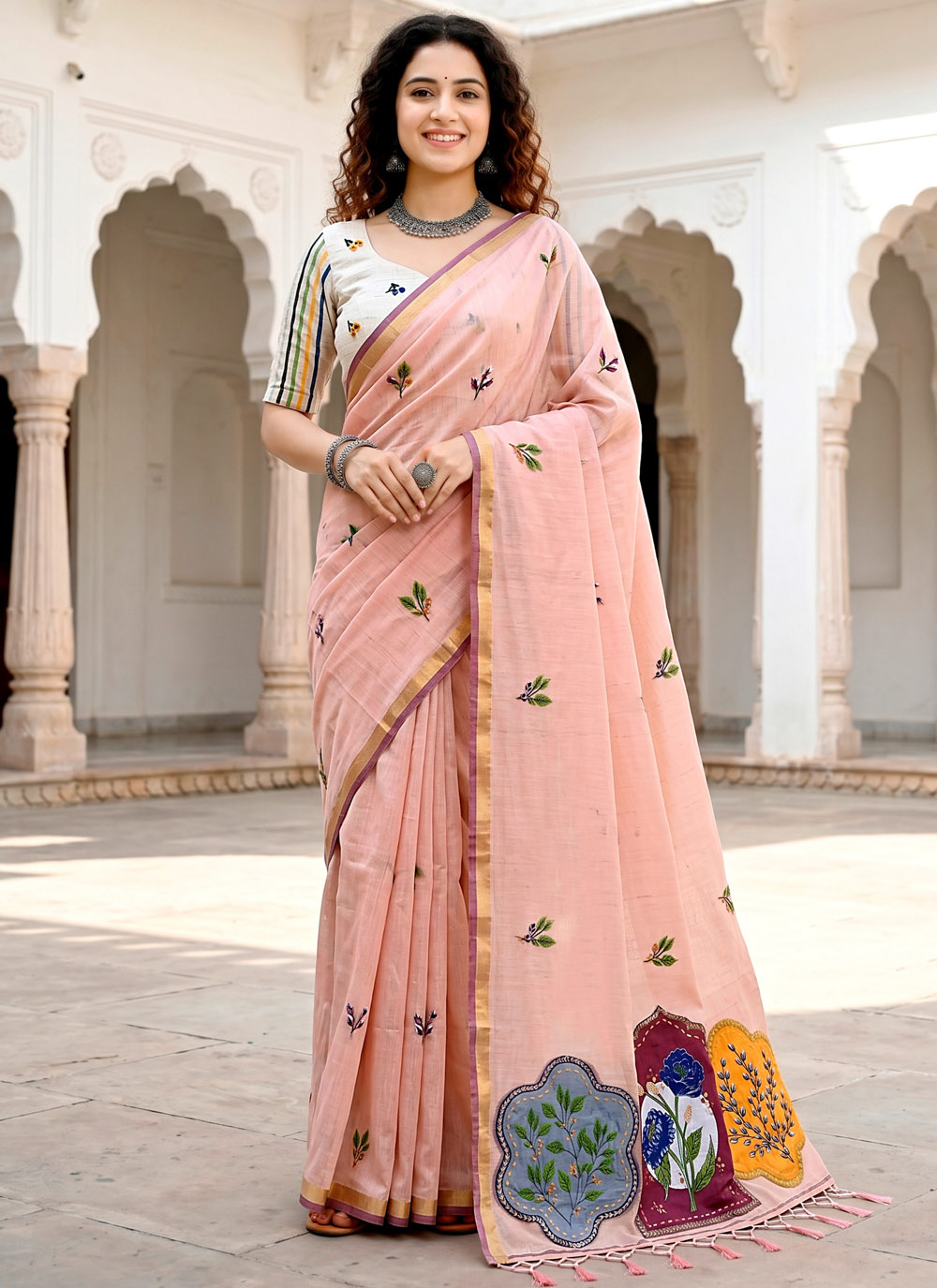 Cotton Woven Work Peach Trendy Casual Saree - Buy Online
