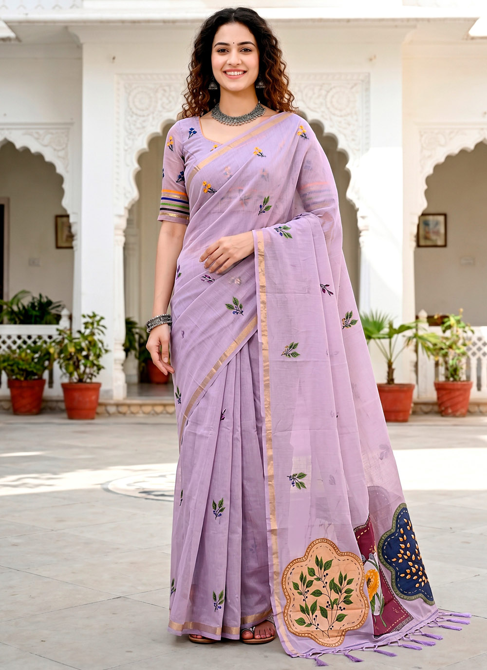 Lavender Cotton Contemporary Woven Work Saree - Buy Online