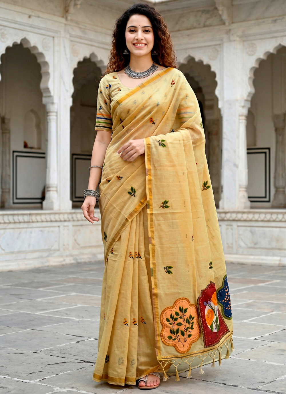 Yellow Woven Work Cotton Classic Saree - Buy Online