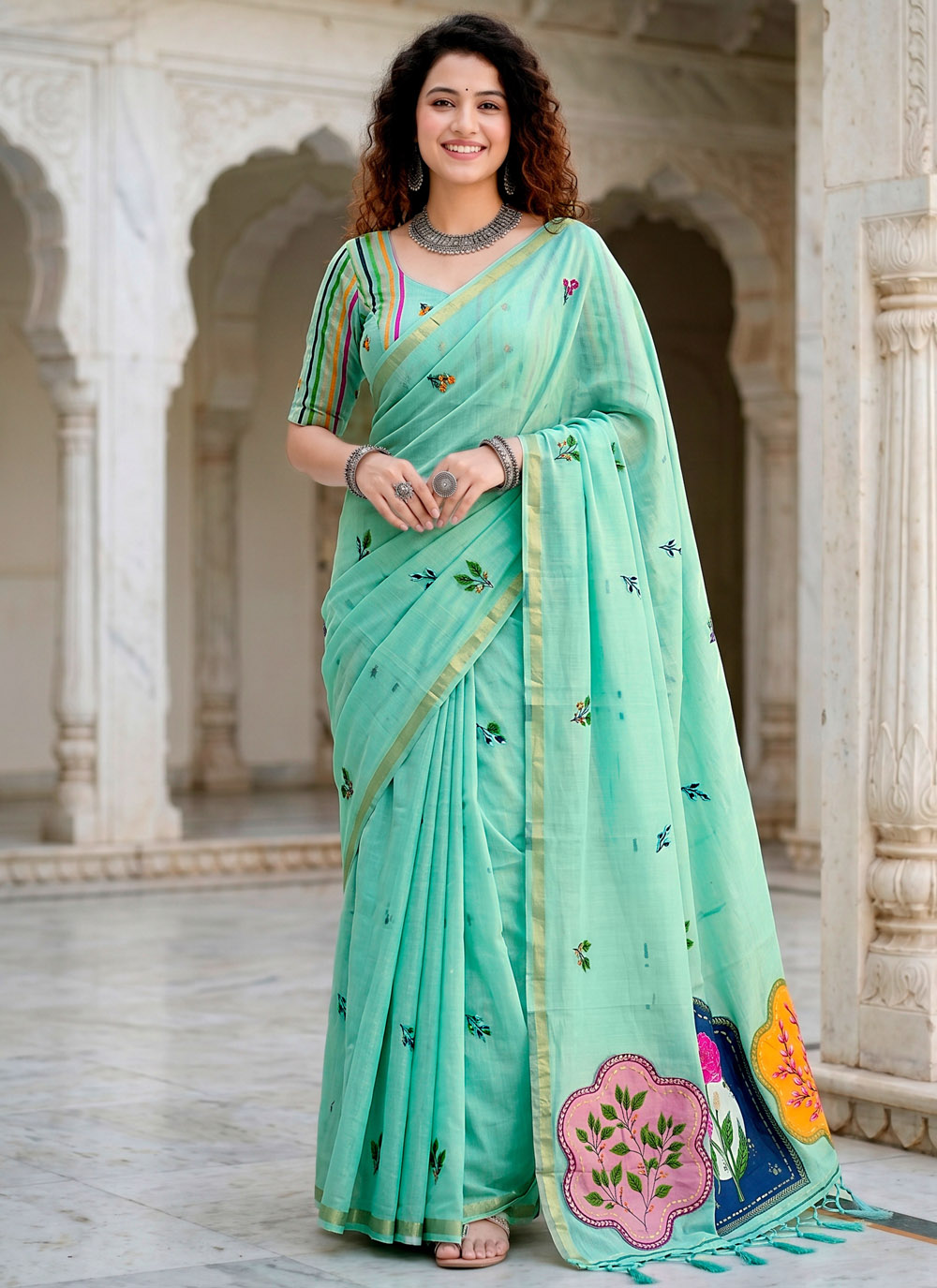 Woven Cotton Sea Green Traditional Saree - Buy Online
