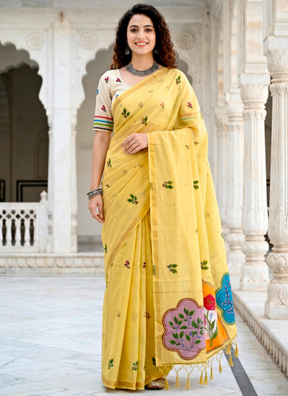 Cotton Yellow Woven Work Trendy Saree for Festival - Buy Online