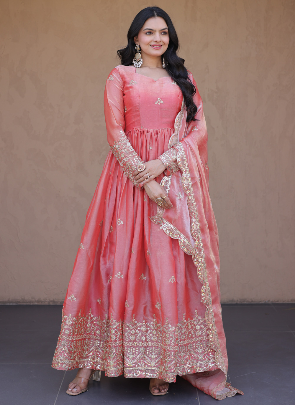 Peach Fandy Silk Sequins Zari Embroidered Readymade Gown - Buy Online
