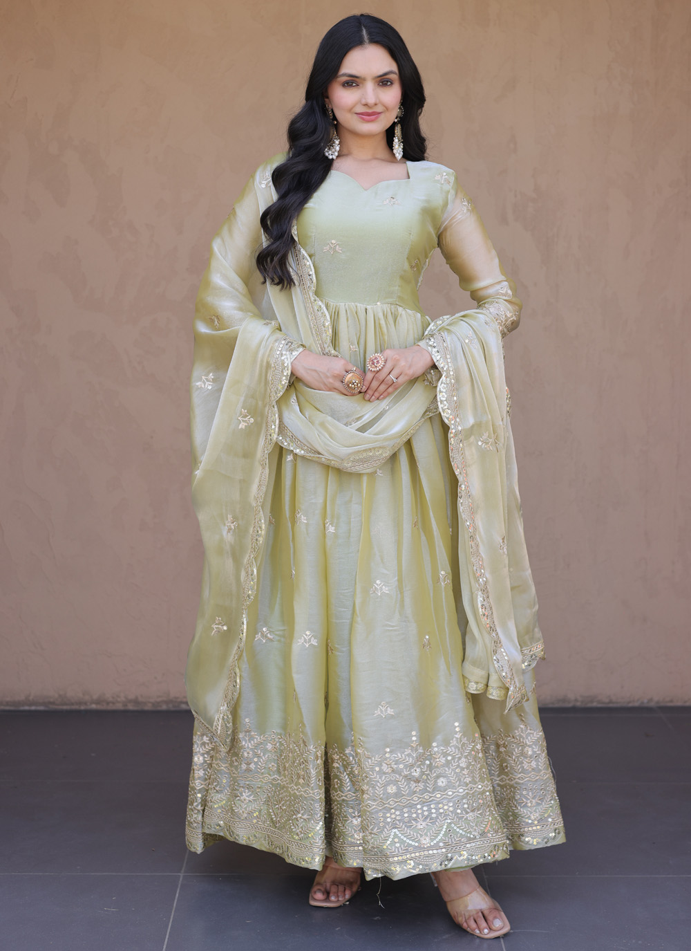Fandy Silk Green Sequins Zari Embroidered Gown - Buy Online