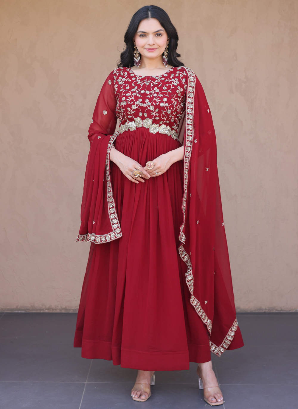 Maroon Faux Georgette Beads Sequins Embroidered Festival Wear Gown - Buy Online