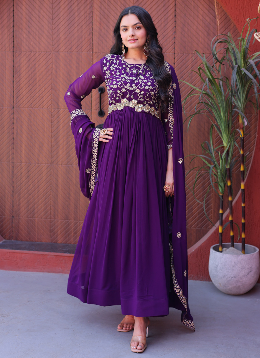 Faux Georgette Purple Beads Embroidered Designer Gown - Buy Online