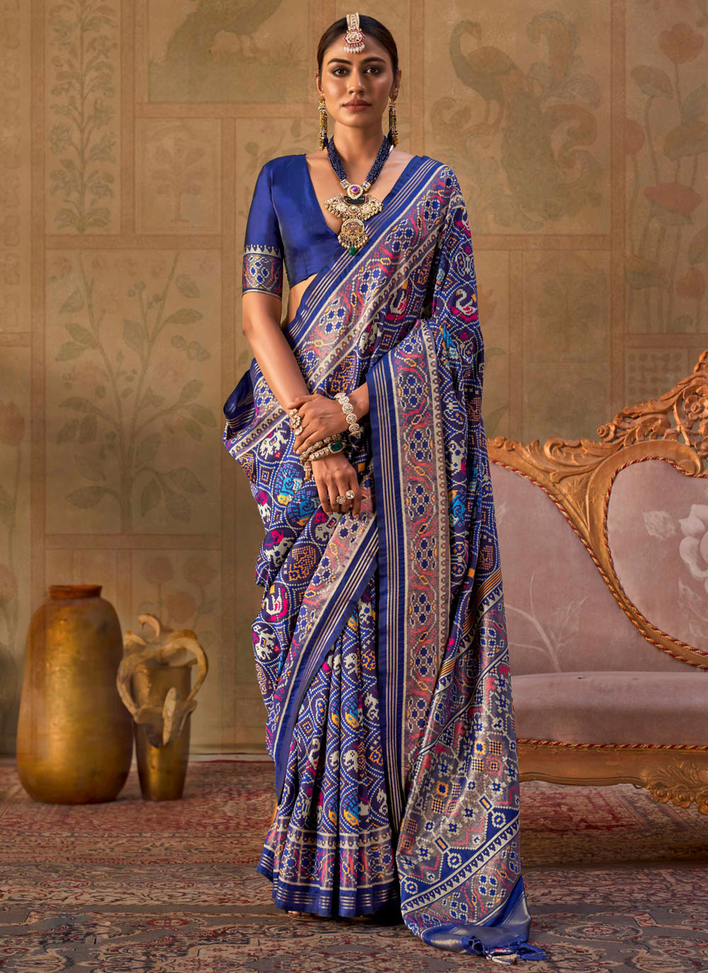 Silk Patola Print Work Blue Classic Saree - Buy Online
