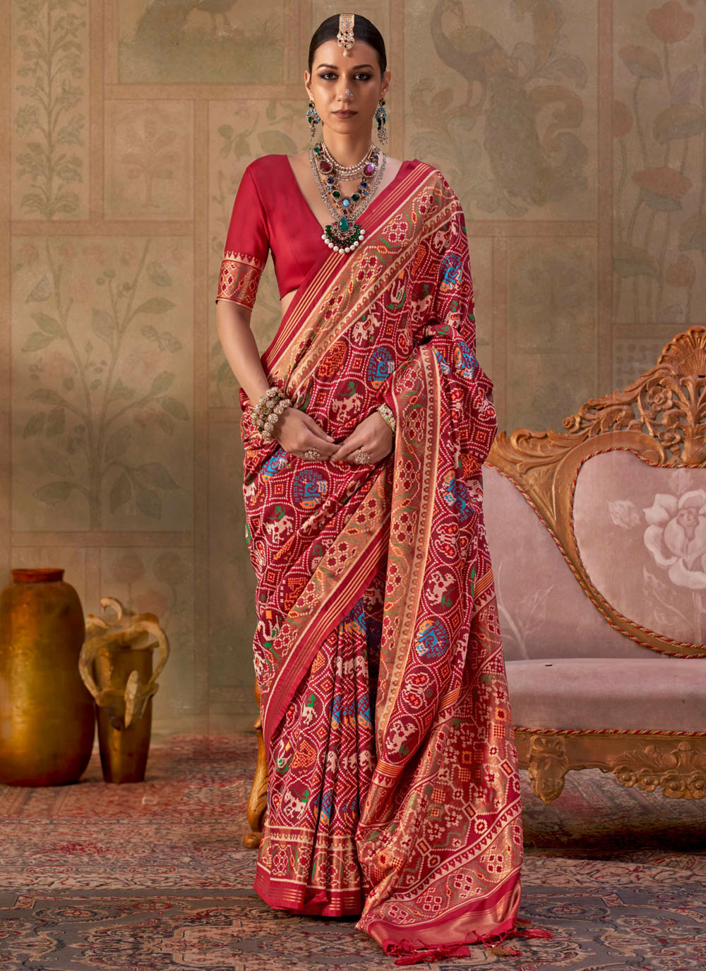 Red Patola Print Silk Designer Saree for Festival - Buy Online
