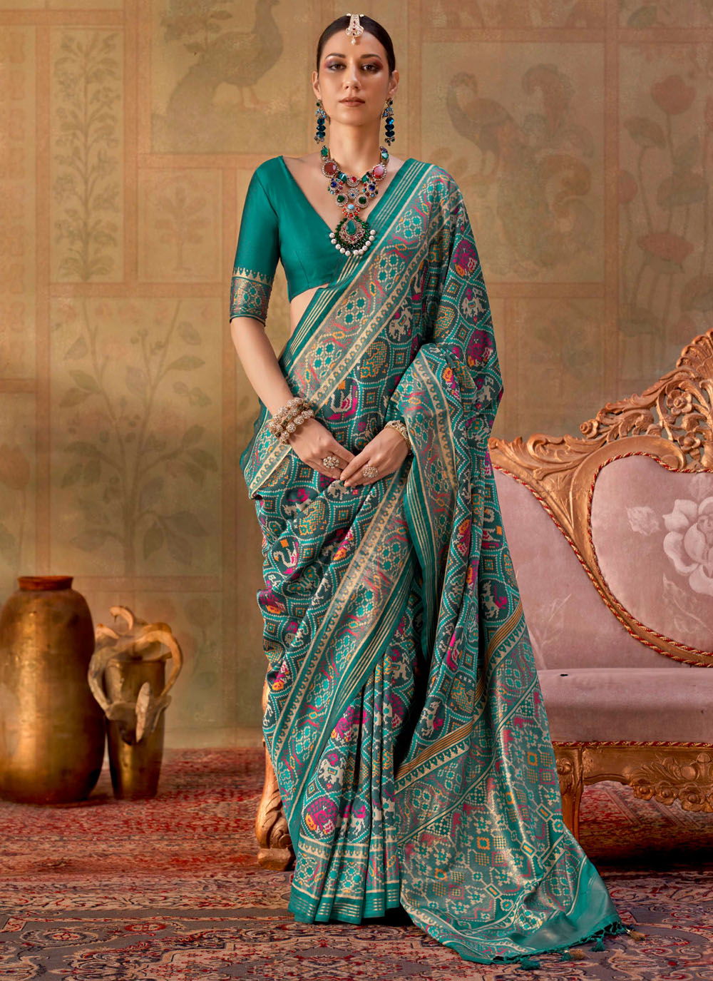 Silk Sea Green Patola Print Work Contemporary Saree - Buy Online