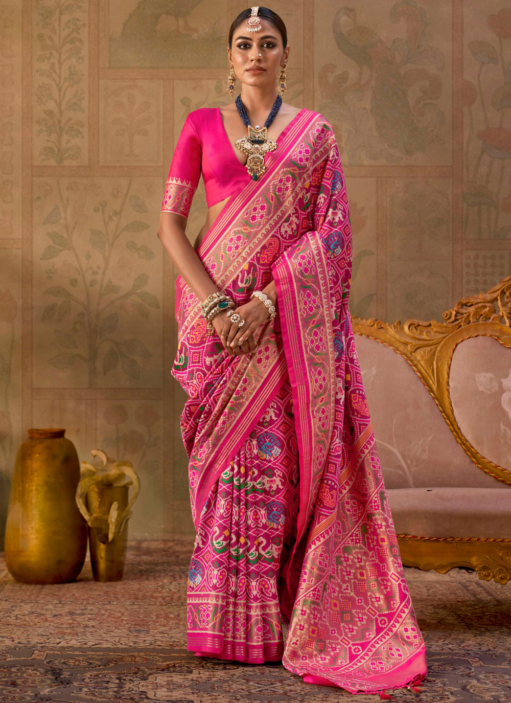 Pink Patola Print Work Silk Trendy Saree for Ceremonial - Buy Online