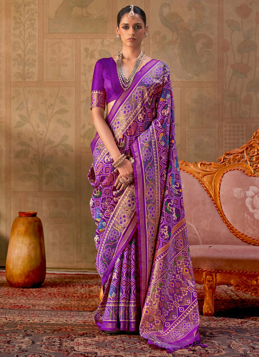 Purple Silk Classic Saree with Patola Print Work - Buy Online