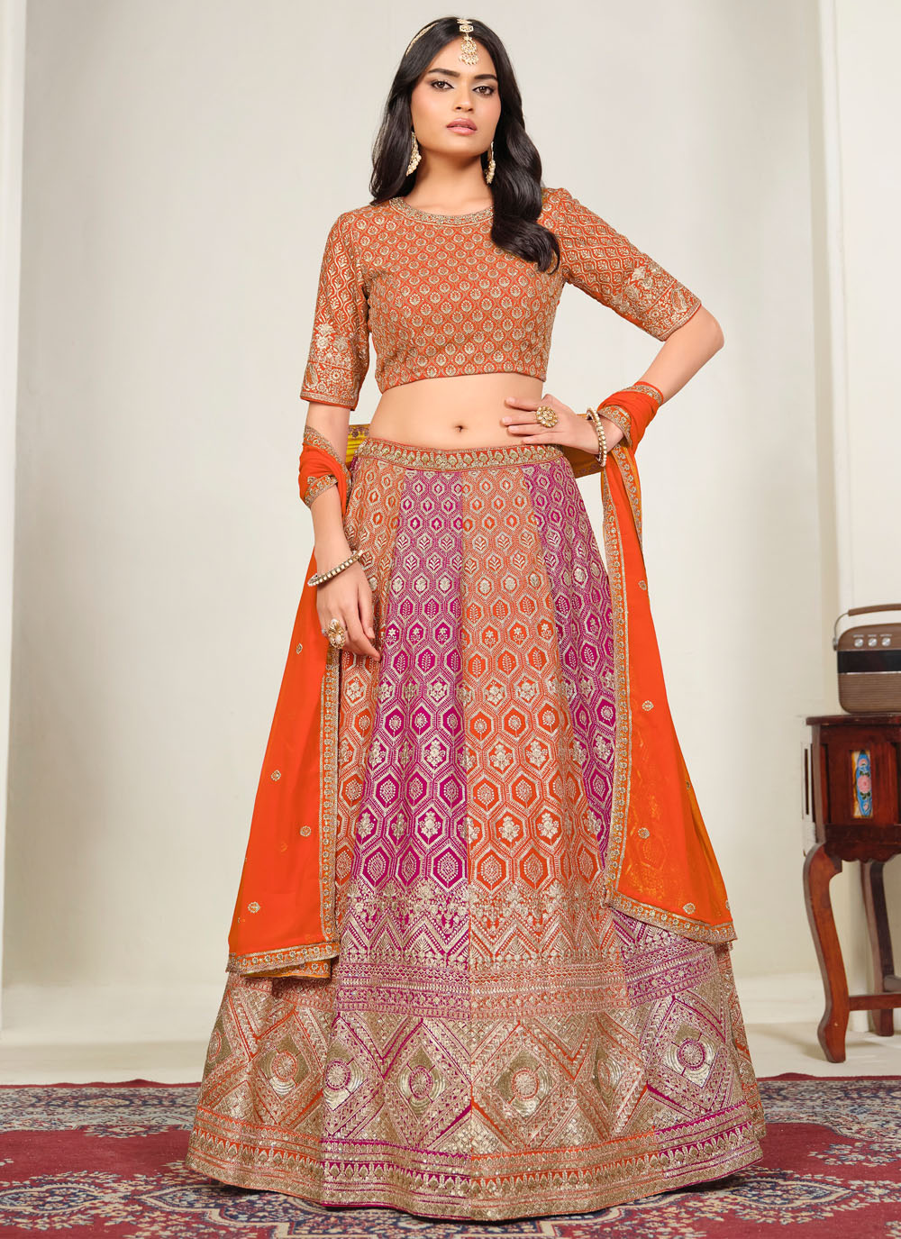 Orange and Rani Faux Georgette Embroidered Lehenga Choli - Buy Online