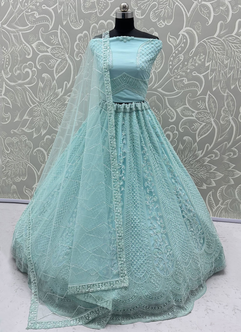 Aqua Blue Net Thread Beads Sequins Embroidered Designer Lehenga Choli - Buy Online
