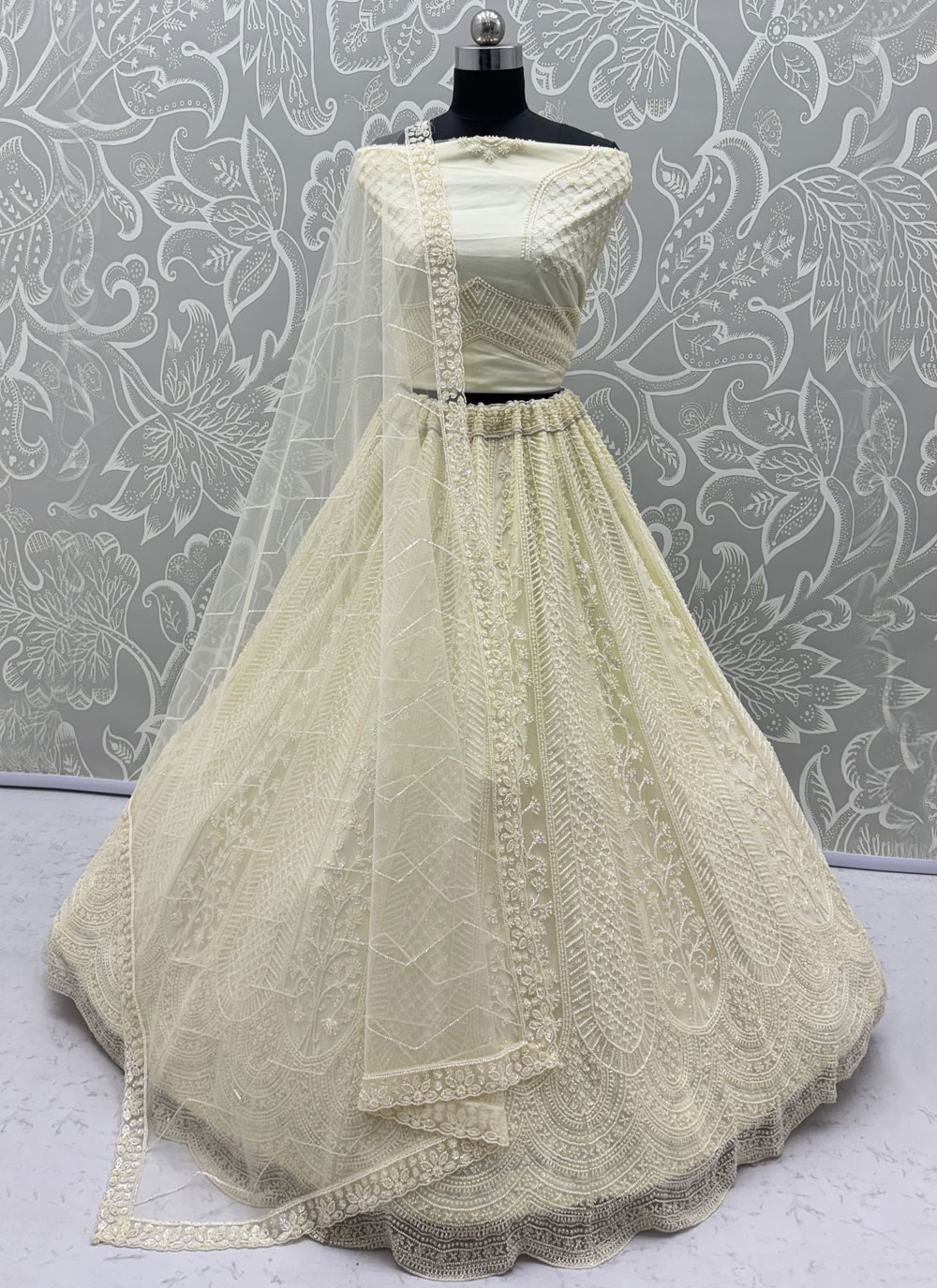 Cream Sequins Beads Embroidered Net Lehenga Choli for Ceremonial - Buy Online