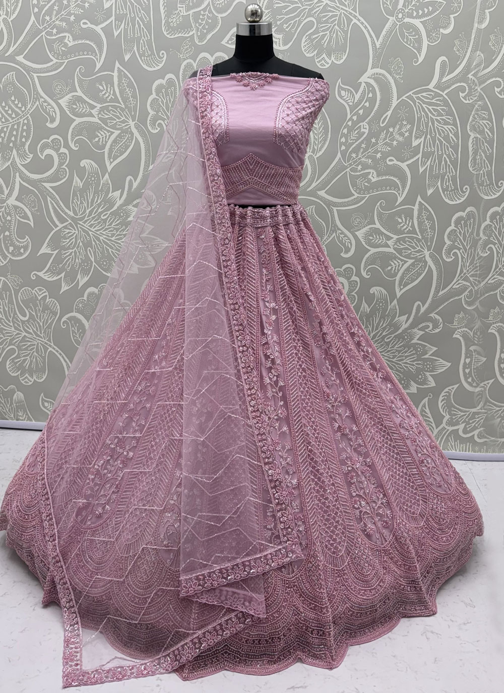 Net Thread Beads Embroidered Pink Lehenga Choli for Reception - Buy Online