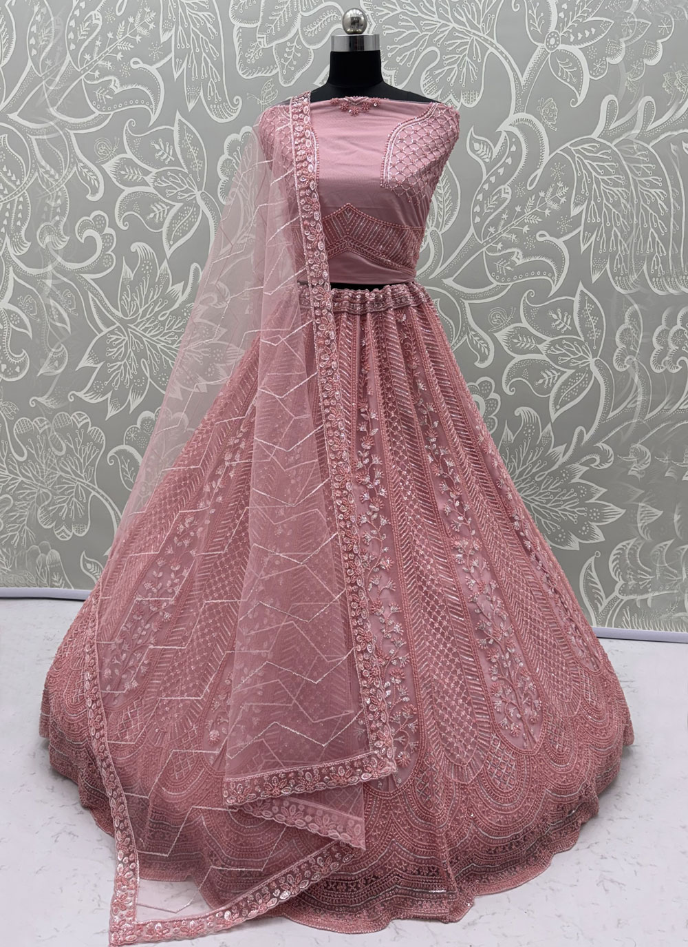 Peach Net Zari Beads Thread Sequins Embroidered Lehenga Choli - Buy Online