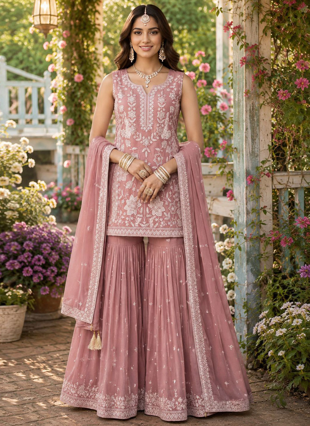 Pink Chiffon Embroidered Khatli Work Palazzo Salwar Kameez - Buy Online