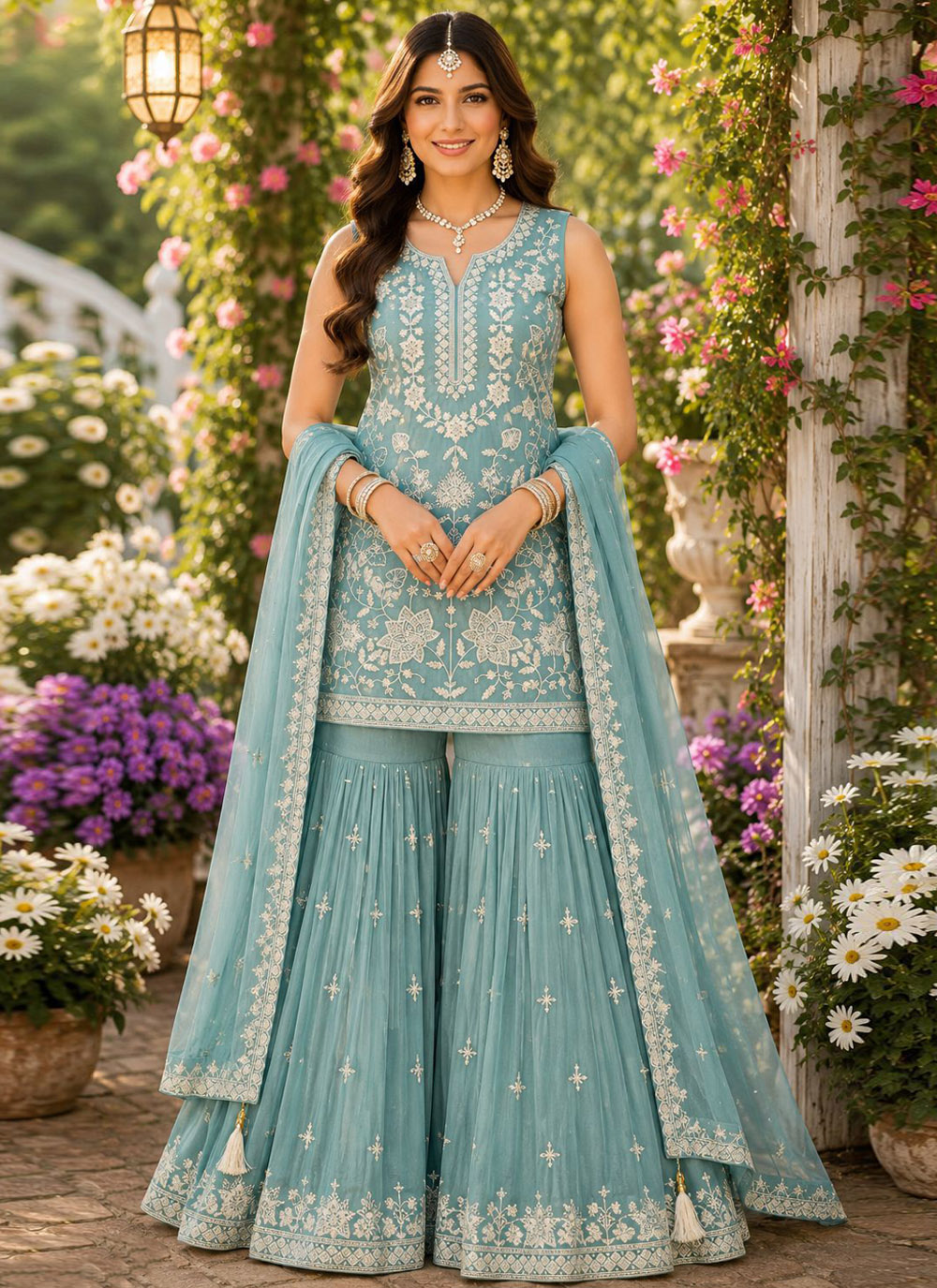 Chiffon Aqua Blue Khatli Embroidered Readymade Salwar Suit - Buy Online