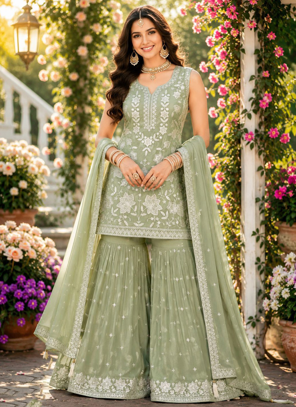 Embroidered Khatli Work Chiffon Green Salwar Suit for Ceremonial - Buy Online