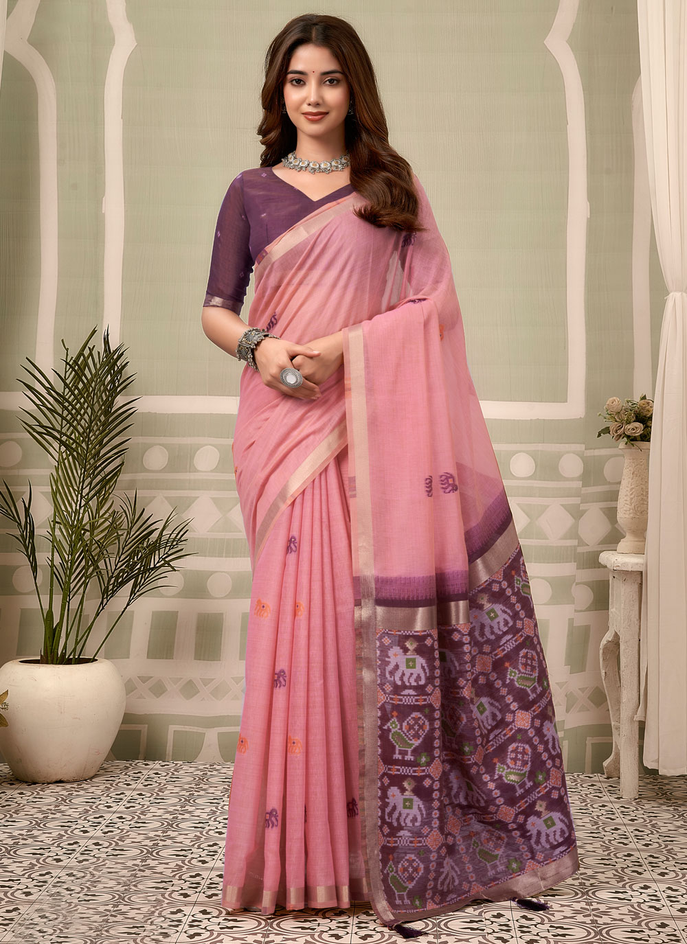 Pink Woven Zari Work Cotton Saree - Buy Online