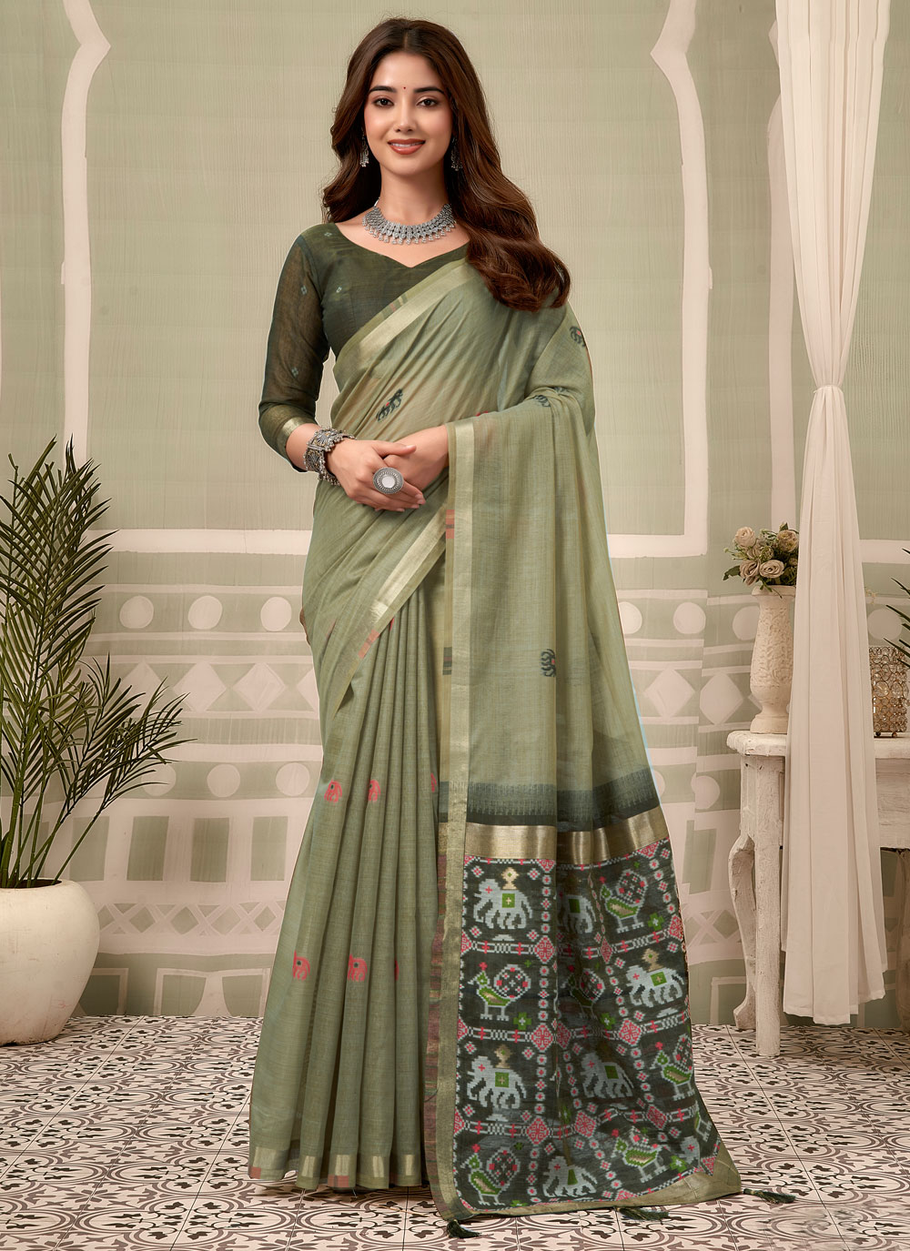 Green Cotton Woven Zari Work Contemporary Saree - Buy Online