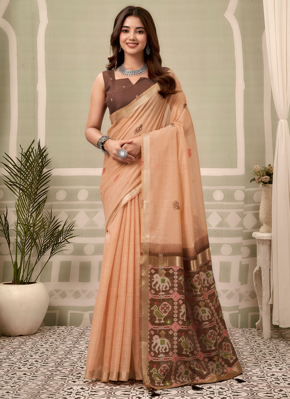 Woven Zari Cotton Trendy Saree in Peach - Buy Online