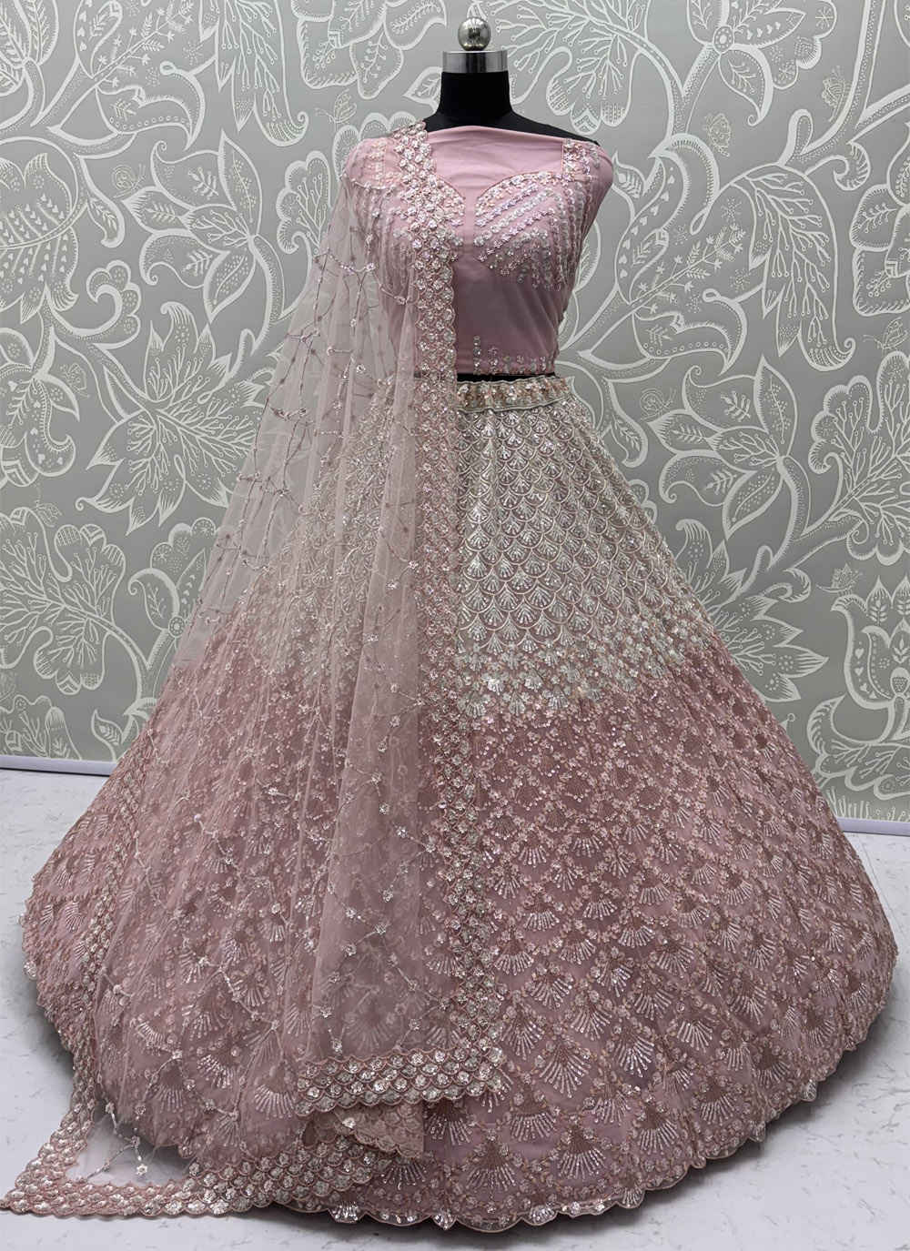 Pink Net Sequins Zari Embroidered Handwork Lehenga Choli for Wedding - Buy Online