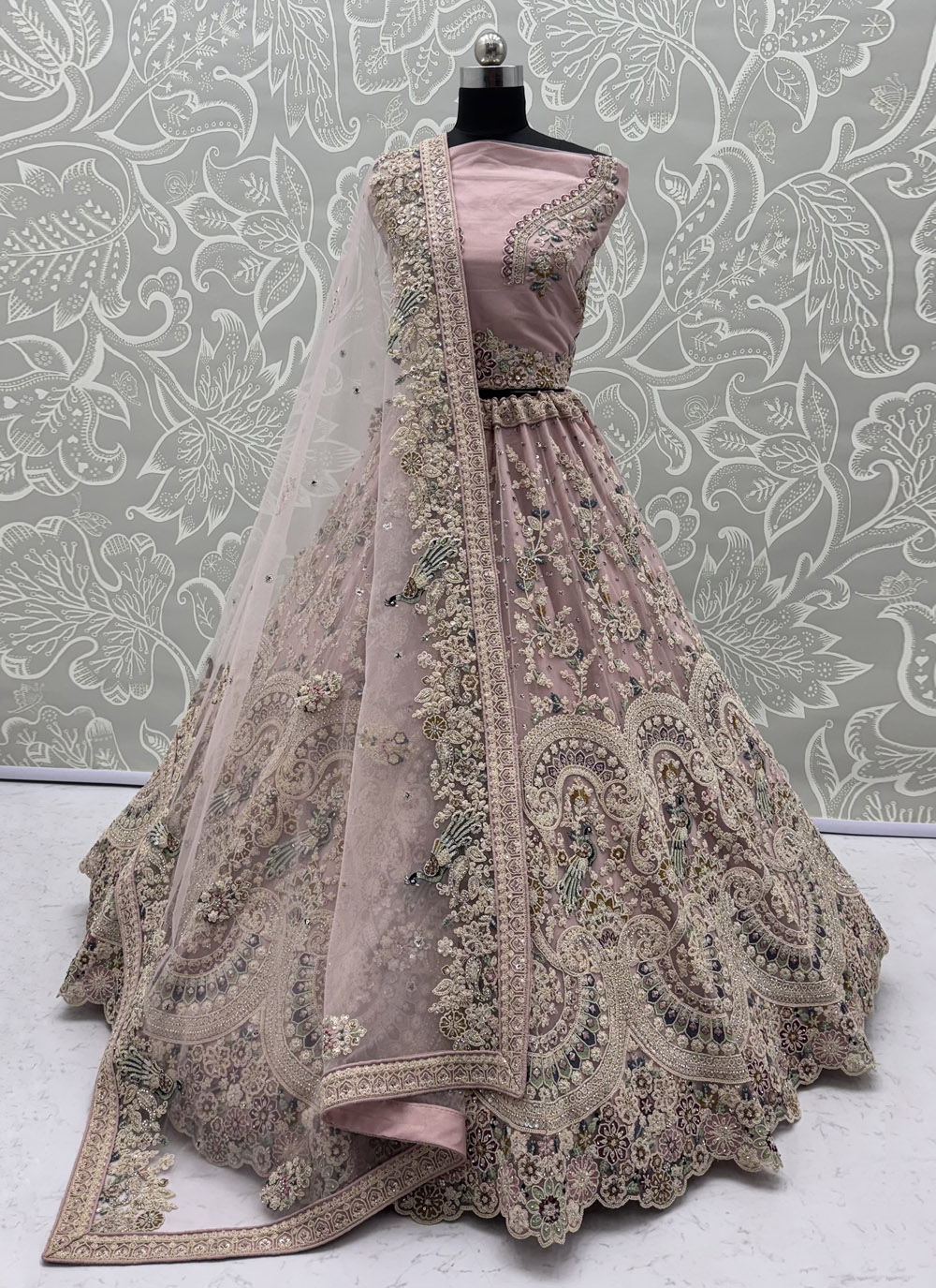 Pink Net Zari Thread Dori Diamond Embroidered Lehenga Choli for Engagement - Buy Online
