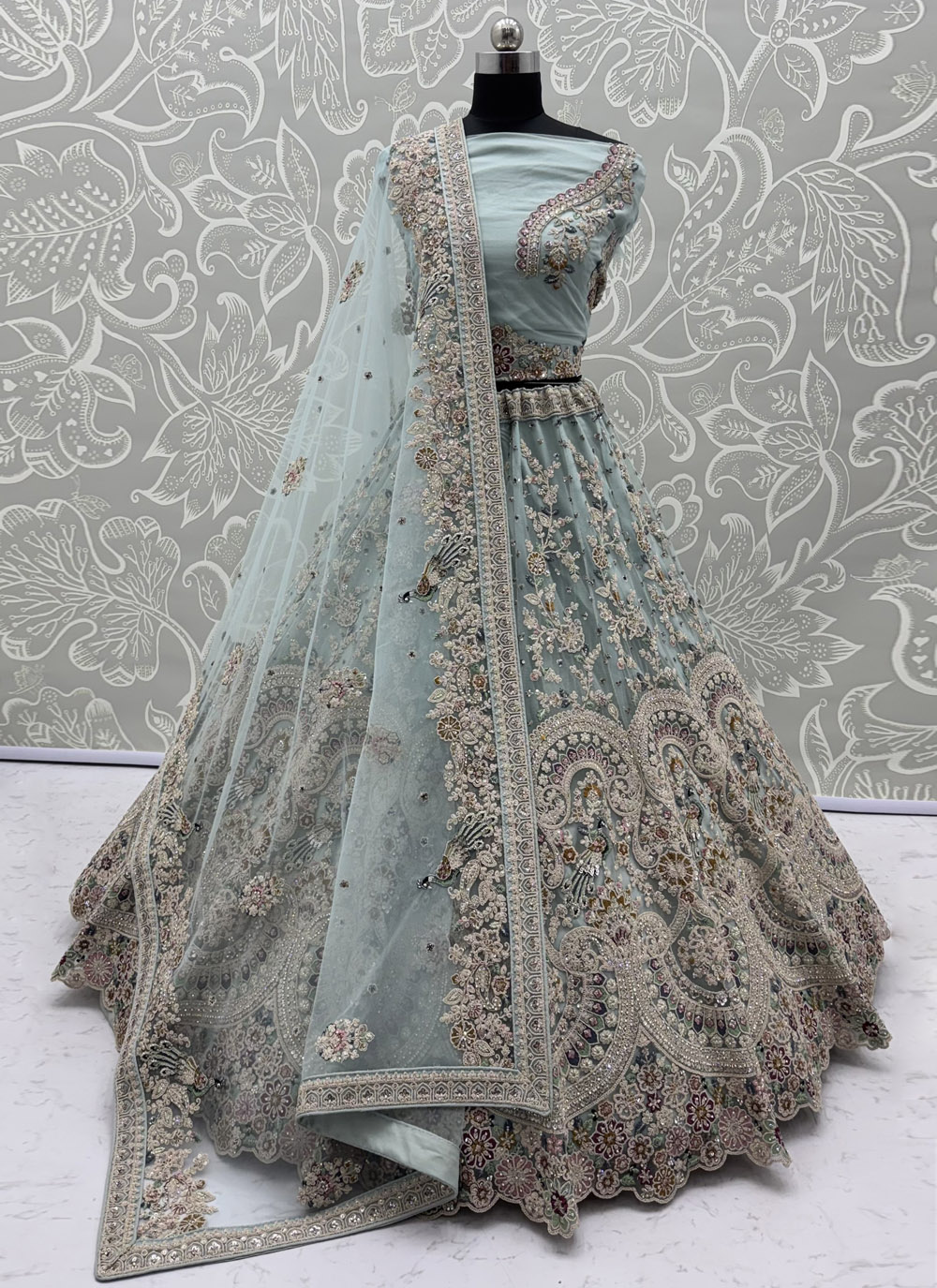 Aqua Blue Dori Thread Diamond Embroidered Designer Lehenga Choli - Buy Online