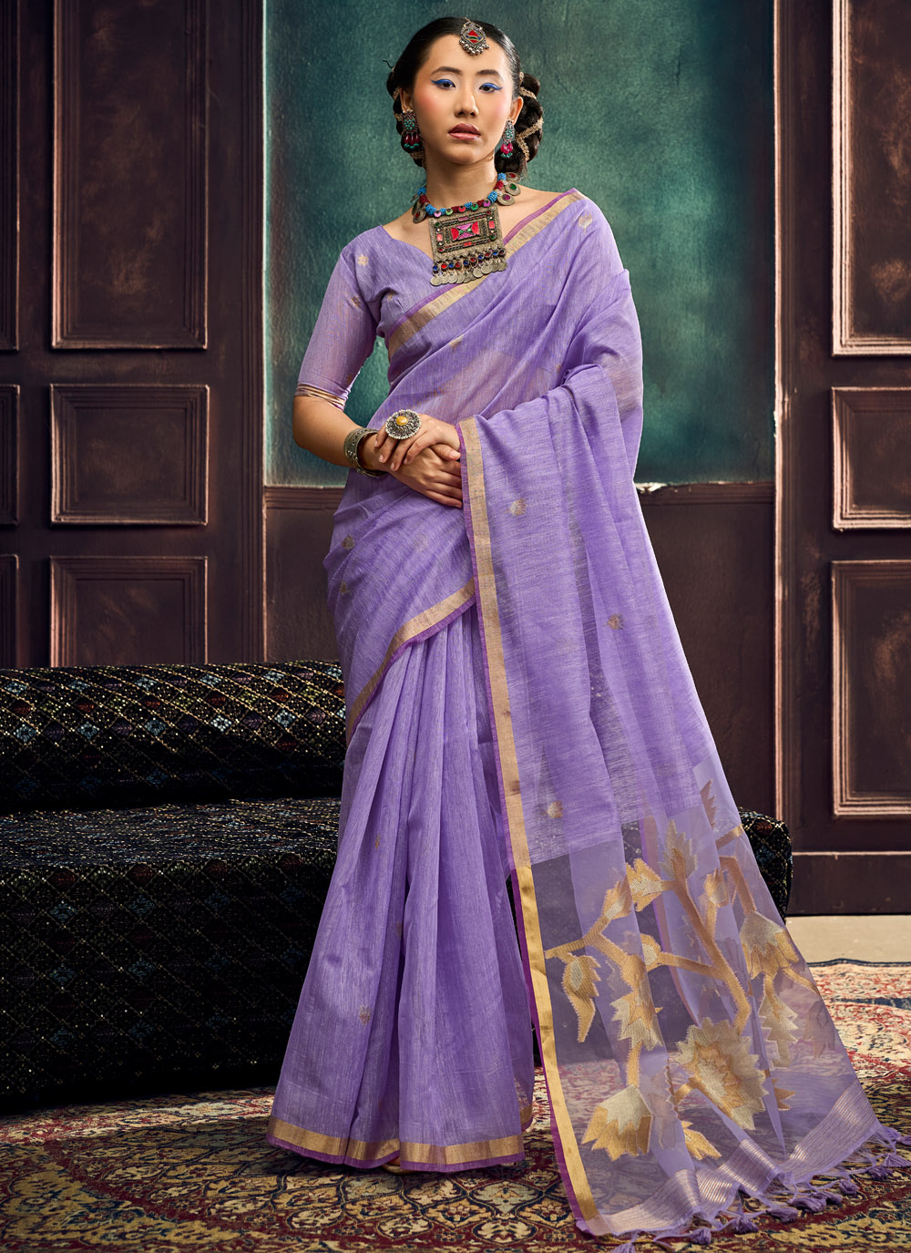 Lavender Silk Weaving Work Trendy Saree - Buy Online