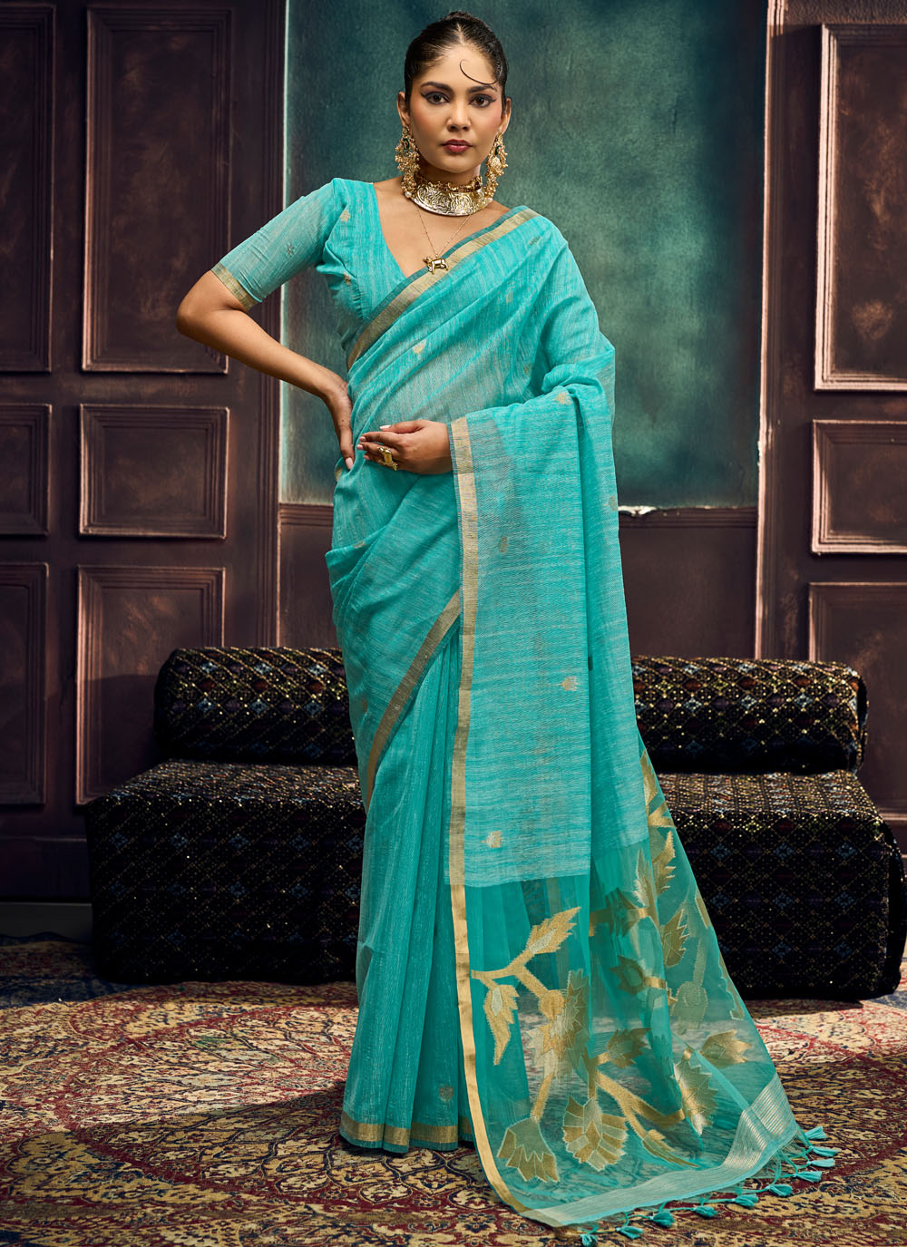 Handloom Silk Aqua Blue Weaving Work Contemporary Saree - Buy Online