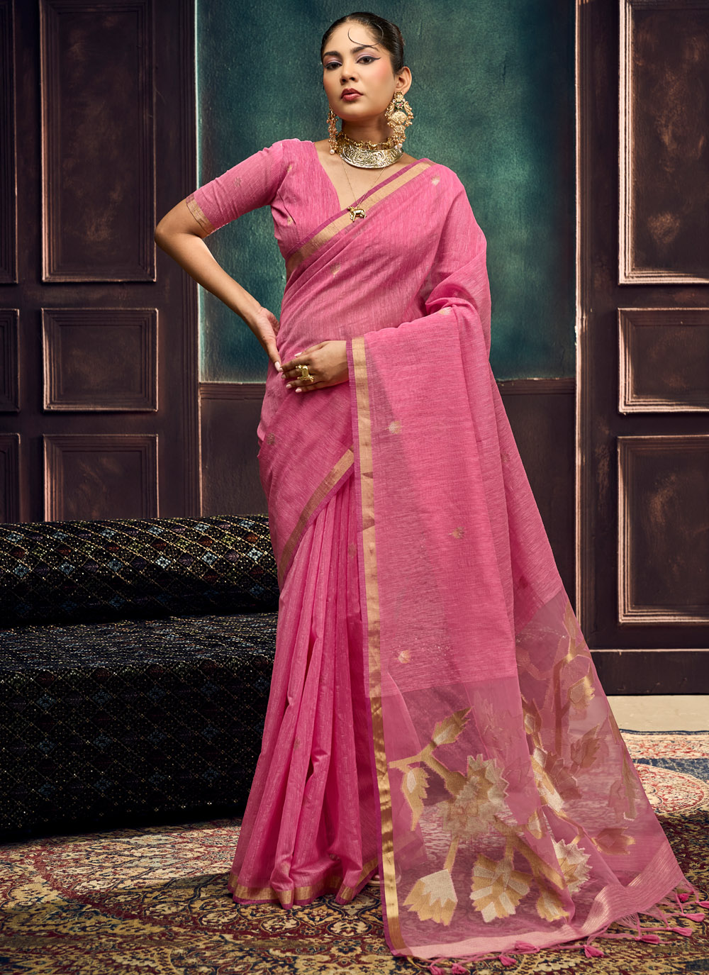 Pink Handloom Silk Weaving Work Designer Saree - Buy Online