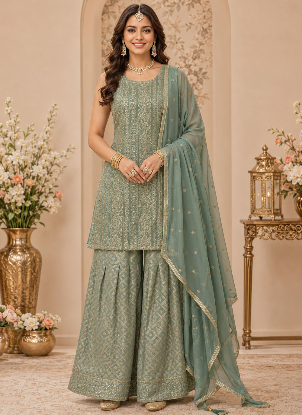 Green Swarovski Embroidered Work Georgette Readymade Salwar Suit - Buy Online