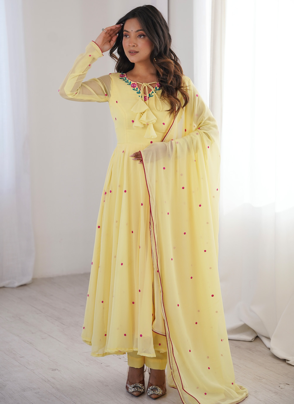 Yellow Faux Georgette Thread Embroidered Readymade Salwar Suit - Buy Online