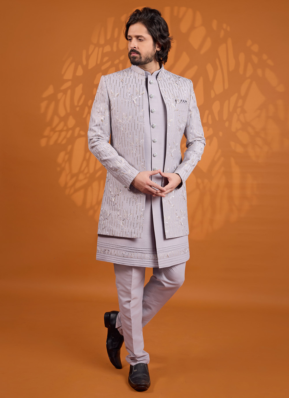 Grey Art Silk Thread Embroidered Indo Western - Buy Online