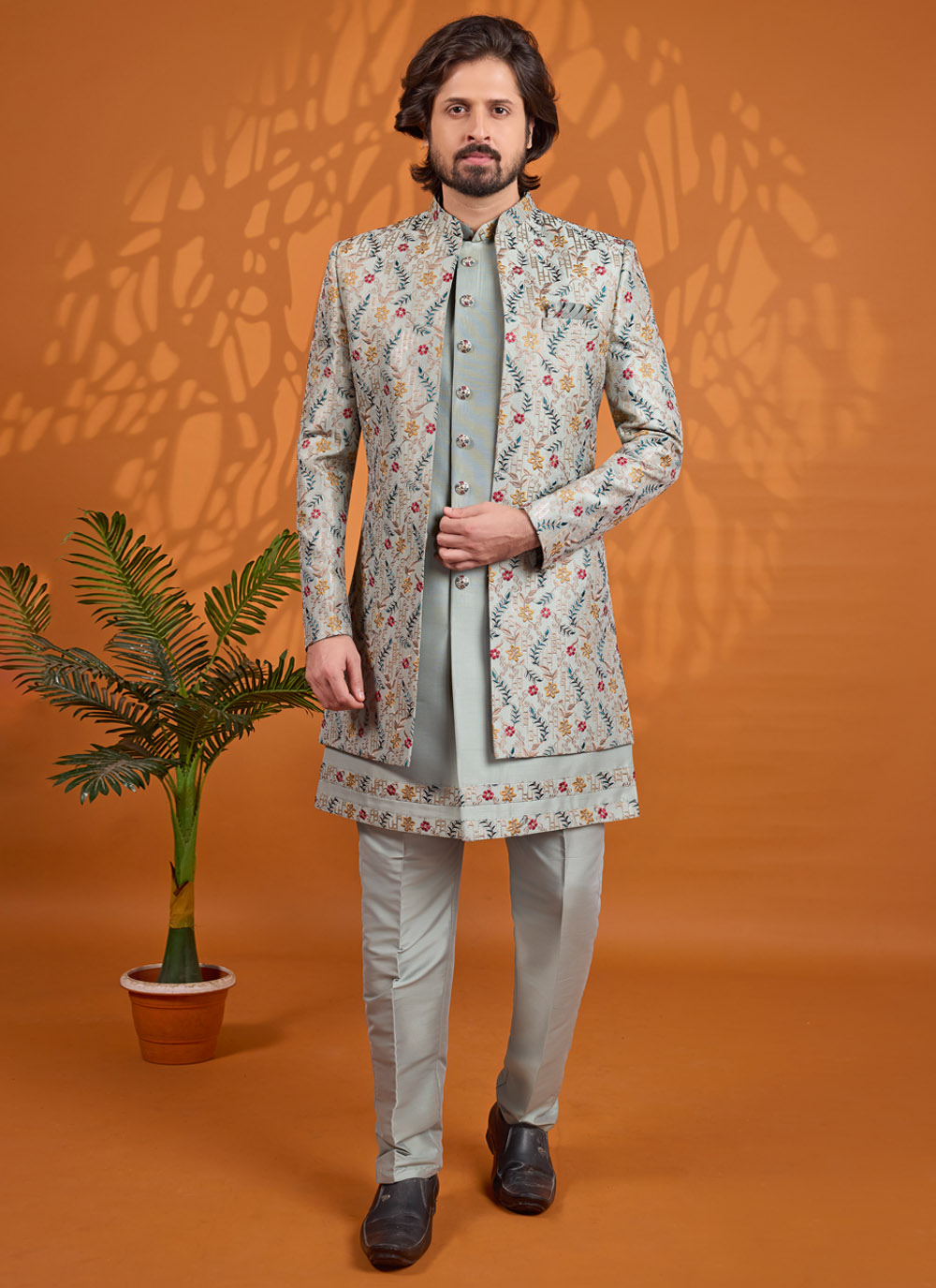 Art Silk Green Thread Embroidered Ceremonial Indo Western - Buy Online