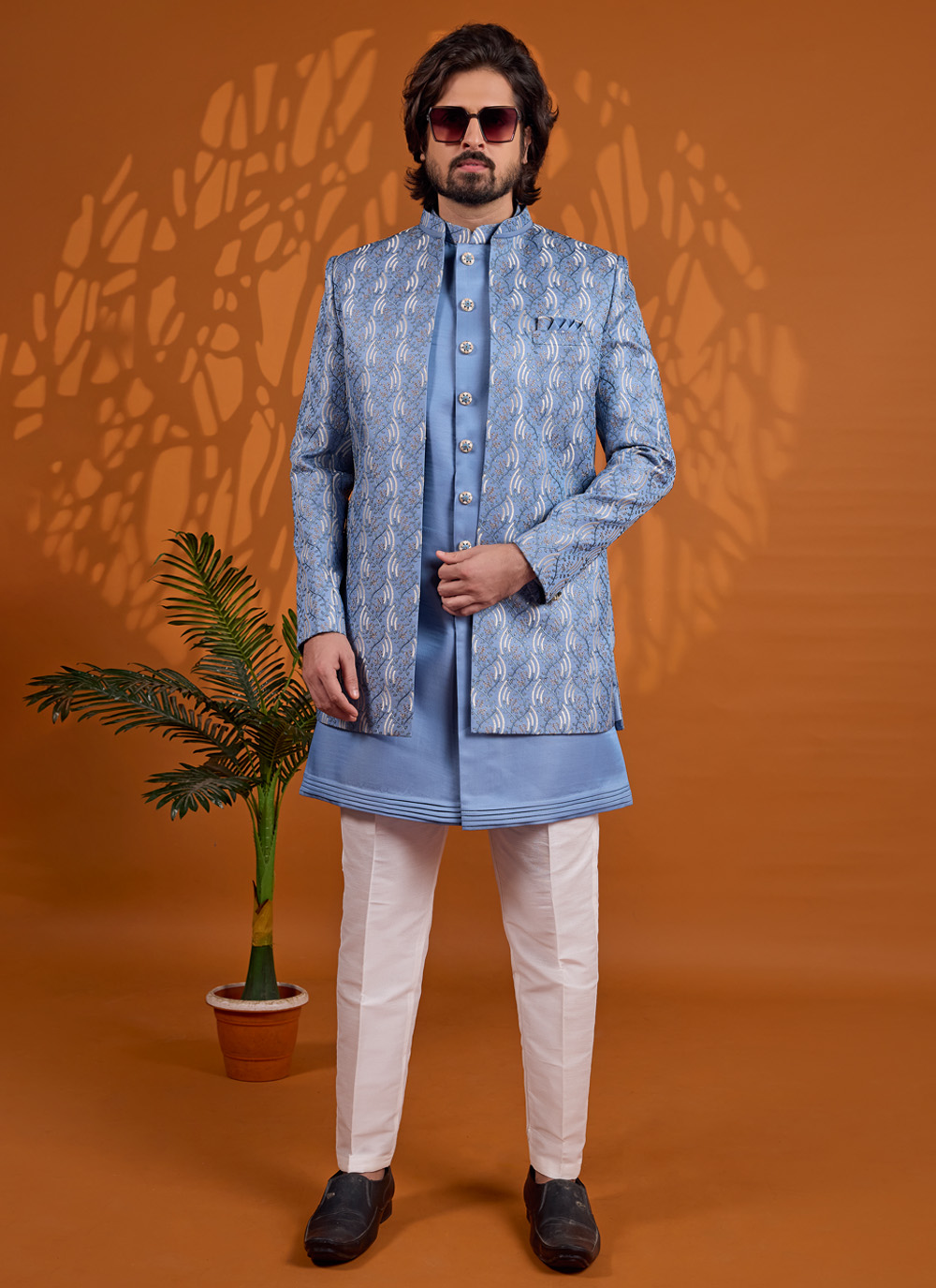 Art Silk Embroidered Aqua Blue Indo Western for Engagement - Buy Online