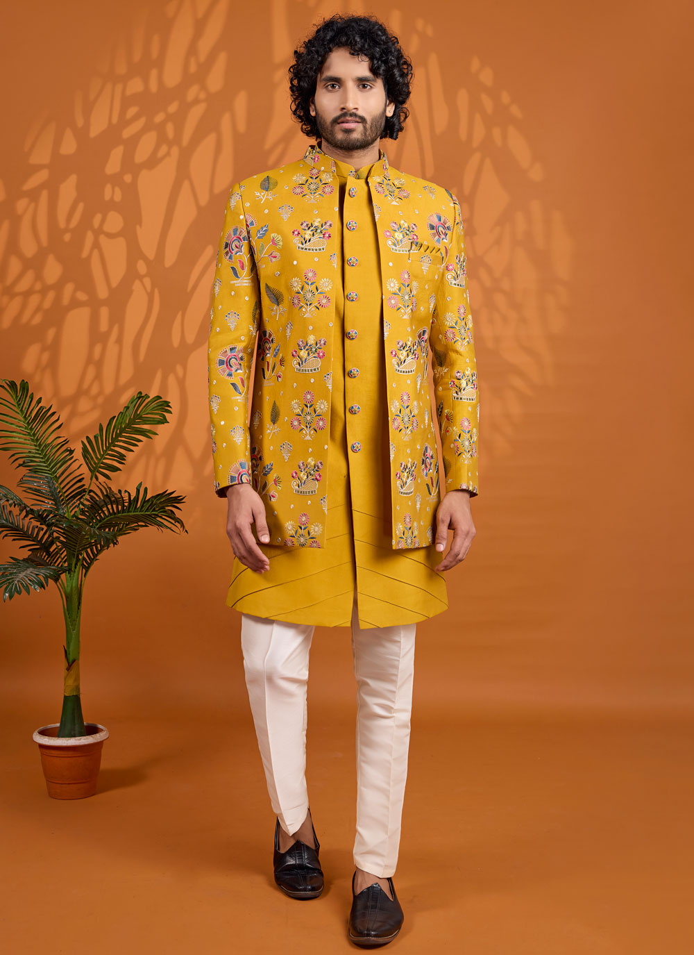 Art Silk Embroidered Yellow Indo Western for Ceremonial - Buy Online