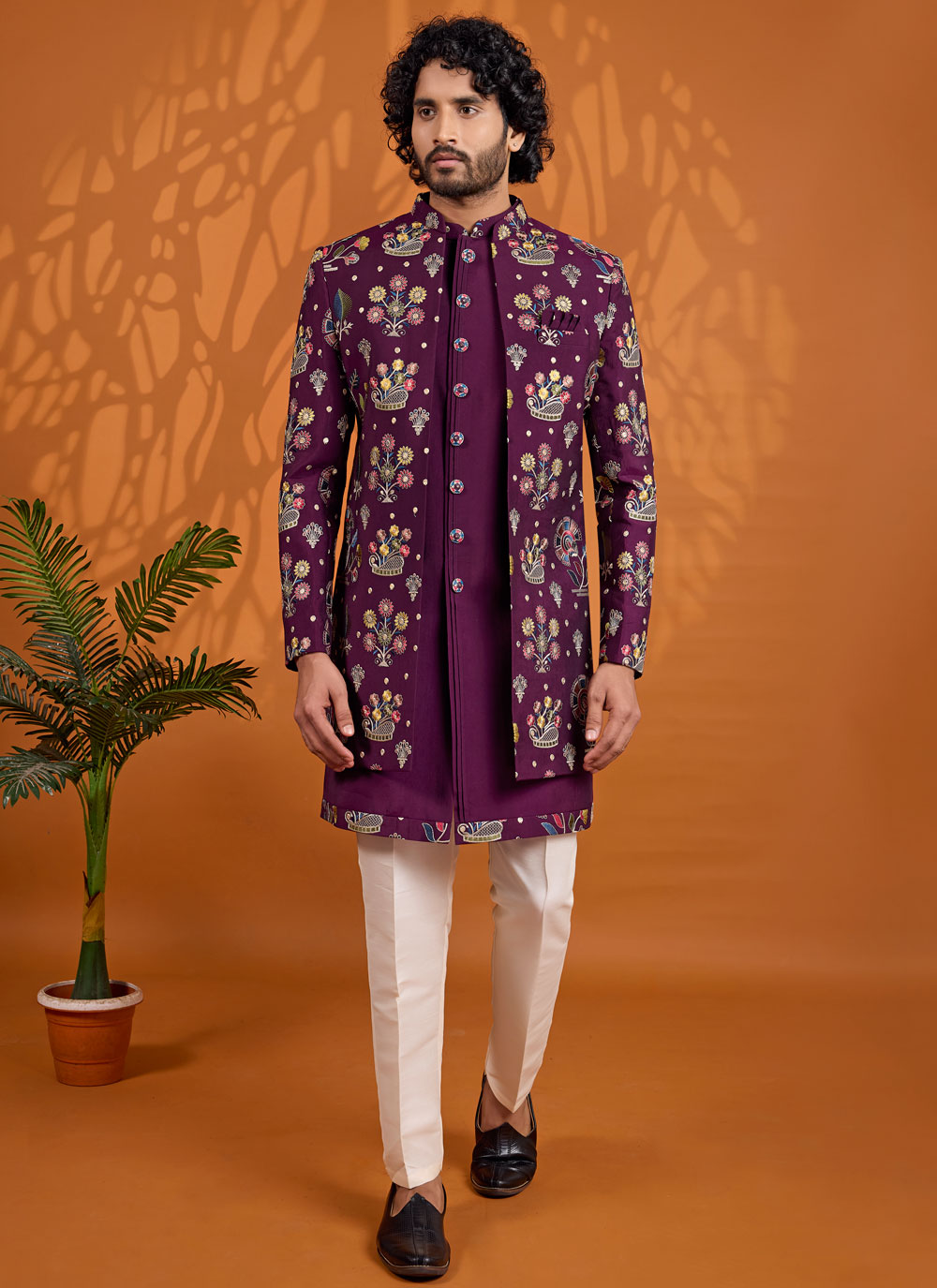 Thread Embroidered Art Silk Indo Western in Purple - Buy Online